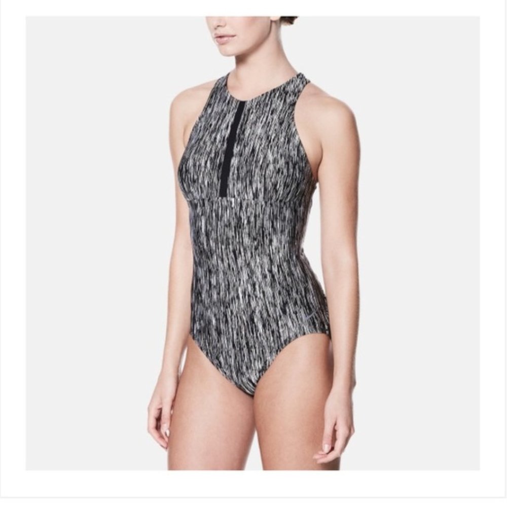 Nike Rush High Neck One-Piece Swimming Bathing Suit Blk/White Heather Large EUC